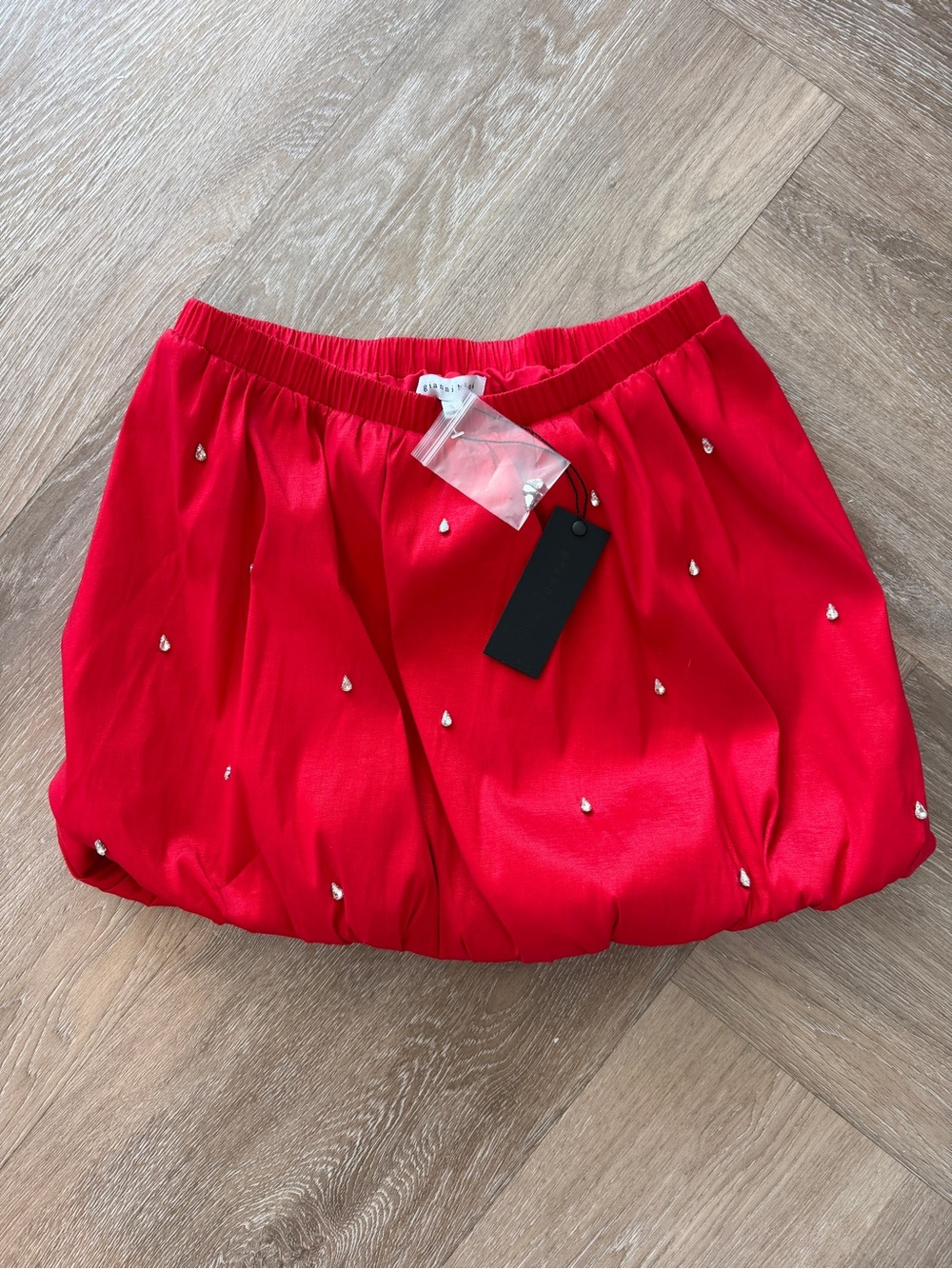 NWT Red Gianni Bini Rhinestone Embellished Taffeta Bubble Mini Skirt Size S
